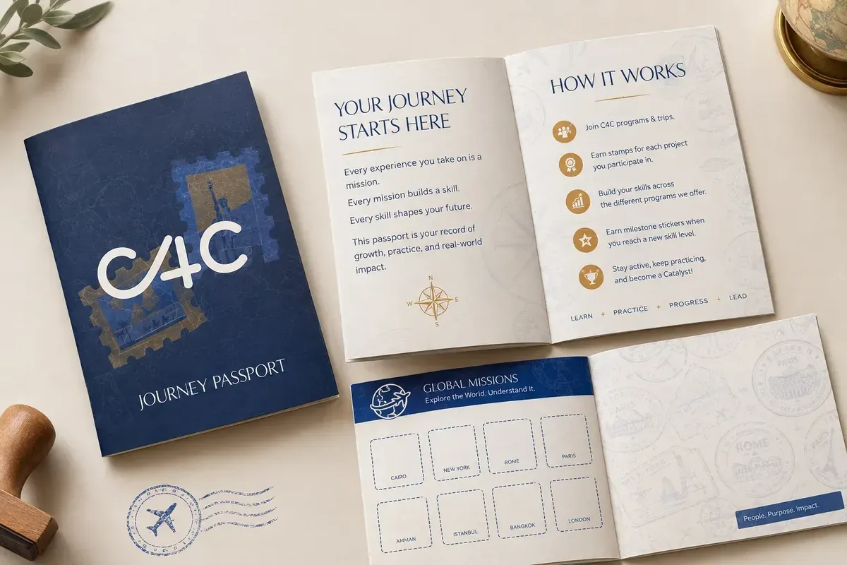 C4C Journey Passport showing experience stamps and the learn, practice, progress and lead pathway