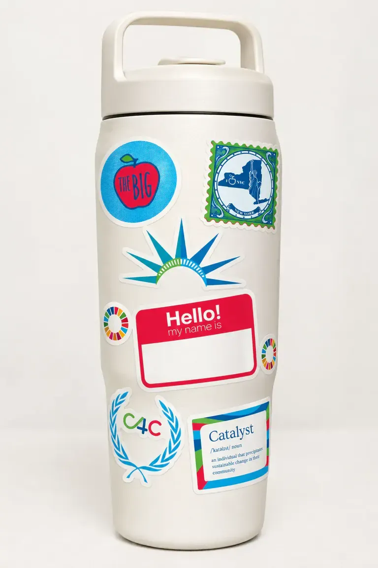 White C4C water bottle decorated with New York and C4C stickers