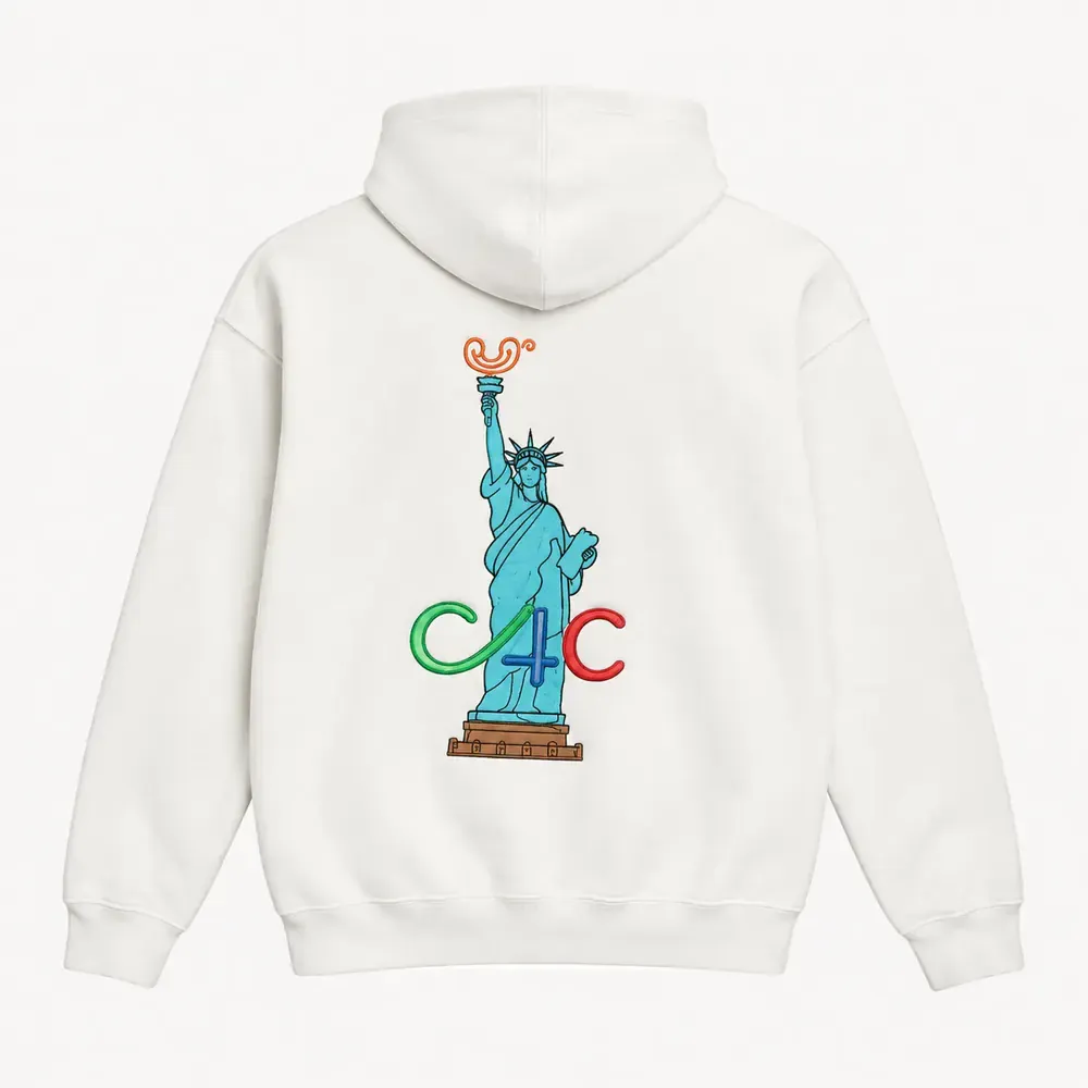 White C4C hoodie featuring a Statue of Liberty design on the back